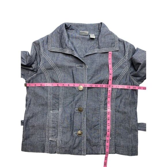 CHICOS Dark Wash Denim‎ Chambray Button Down Belted Cotton Jacket sz 1 Medium 8 - Picture 5 of 7